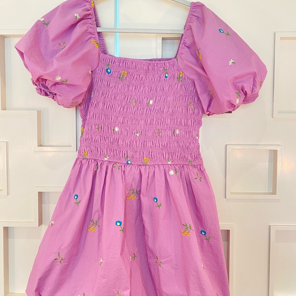 English Factory lilac/pink Puff Sleeve  smocked women’s dress